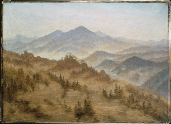 A Romantic landscape. A view of a mountain range, with one slope with pine trees in the foreground, and higher peaks in the background. Rising fog obscures the details, but it is still realistically depicted.