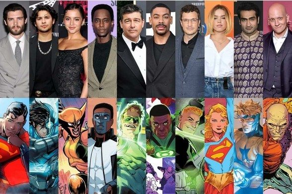 Montage of various actors currently cast in the upcoming Superman film, set on top of a montage of the comic book characters they will be playing. (See toot for list, in order.)