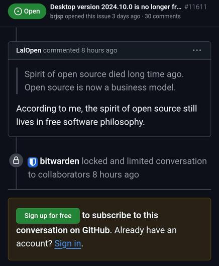 Community calling out Bitwarden on sneakily moving to closed source, so they locked the comments.