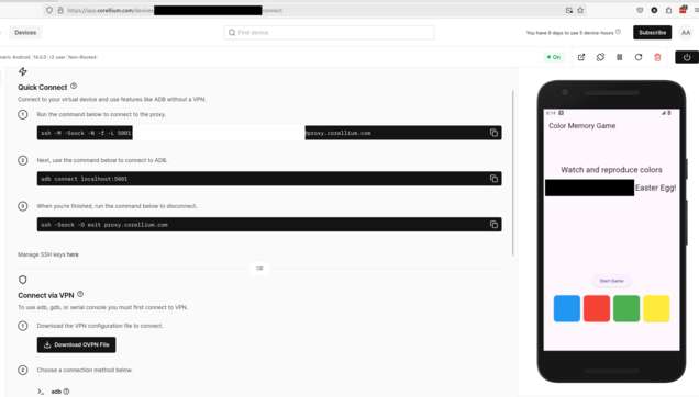 The image shows an Android device remotely accessible via Corellium Solo. The image shows the advice of Corellium to perform Quick Connect, and the Android device shows we managed to see an Easter Egg hidden in an app.