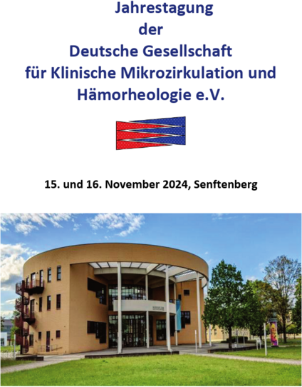 The image shows the announcement of the annual meeting of the German Society for Clinical Microcirculation and Hemorheology. The conference will take place on November 15-16, 2024 at the campus of the Brandenburgian Technical University Cottbus-Senftenberg in Senftenberg.
In the top part of the image is a text with logo that contains information about date and location. In the lower part of the image you can see a building, the Konrad-Zuse-Media-Center, which serves as an event venue. The building is orange-colored and rounded. There is a green lawn in front of it. To its right are trees visible, above there is a blue sky with few clouds.