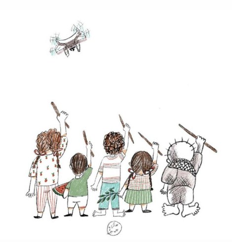 A pencil-crayon drawing of a row of five children holding up sticks in their right hands in a sign of defiance to a quadcopter drone flying overhead. One child holds a watermelon slice, another holds an olive branch. The fifth child is Handala.

https://en.wikipedia.org/wiki/Handala