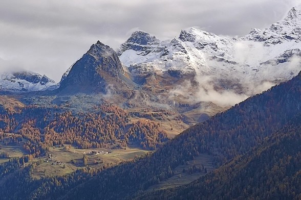 In lontananza si vede il monte Testa Grigia spruzzato di neve. Sul suo fianco boschi di abeti e larici con tutte le sfumature dal verde al giallo ocra.