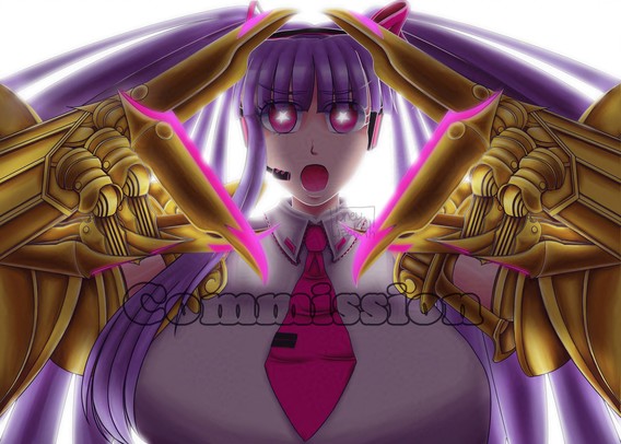 Commission:
"Passionlip from FateGo cosplaying Miku, and doing the Miku Miku Beam pose"
The image itself is said character, Passionlip, doing the Miku Miku Beam pose, but with hard light and shadows