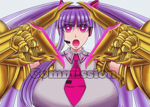 Commission:
"Passionlip from FateGo cosplaying Miku, and doing the Miku Miku Beam pose"
The image itself is said character, Passionlip, doing the Miku Miku Beam pose, but without the hard light and shadows from the other image