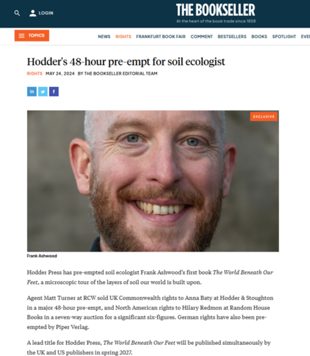 A screenshot of a press release article on The Bookseller website, describing the sale to Hodder Press and Random House of the rights to a book on soil biodiversity by Frank Ashwood.