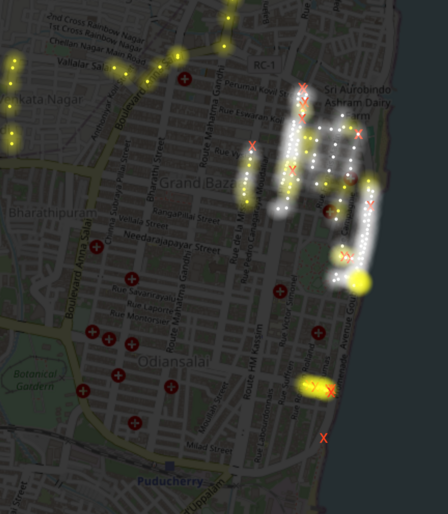 screenshot of Puducherry map with streetlights