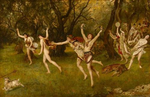 Painting by John Collier titled "Maenads." showing half a dozen to a dozen women running an dancingly wildly through the woods, partially clothed in togas and animals skins.