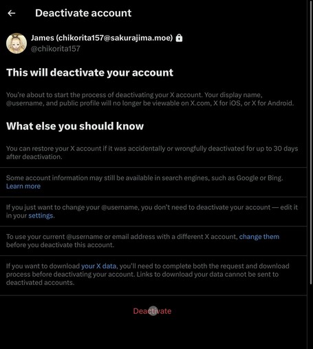 Account deactivation screen on X (formerly Twitter)