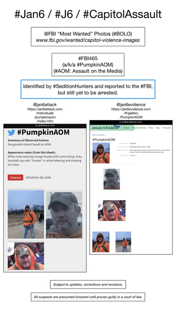 Photos of January 6th riot suspect known to Sedition Hunters as “Pumpkin AOM” (FBI Photo Number Four Hundred Sixty-Five). Subject to updates, corrections, and revisions. All suspects are presumed innocent until proven guilty in a court of law.