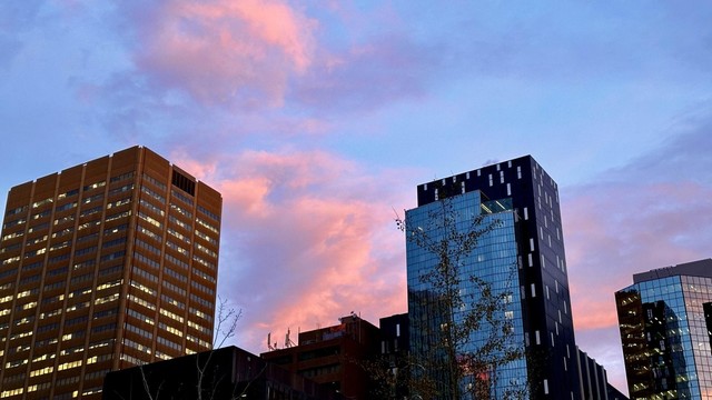 Clouds tinted pink by the rising sun with high rises in the foreground.