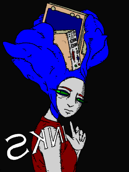 person with a computer in their headflower looks back and throws a links2gang-sign
