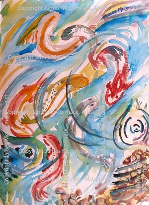Fish in the Sea.
Gouache On Paper.

Coloured carp fish swim in a sea full of reflections and eddies.
I used to work in a place with a pool of carp. The lift from garage had a glass wall facing the pool. Would see them underwater daily.