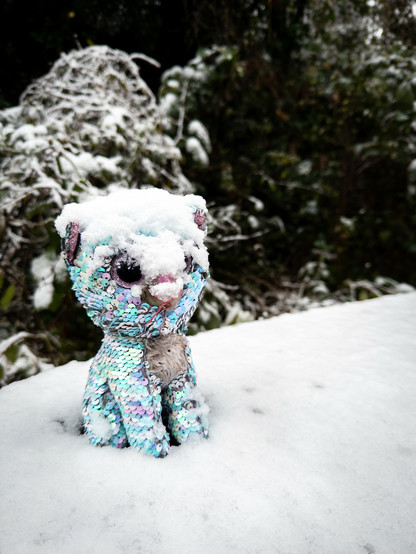 Photograph of a children’s toy on a bench, covered in snow.