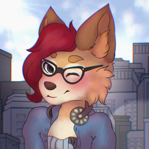 Drawing of the cyborg version of my fursona, named Undevo, a dingo with yellow and brown fur, long red hair, and dark green eyes.

They are wearing a pair of black glasses, and a blueish grey open shirt, with the upper part of their chest and the outer metal plaques covering their artificial lungs also visible under it. Additionally, they are also carrying a pair of dark grey arched headphones around their neck.

They are looking at the viewer with a relaxed and reassuring smile, while winking at them with their left eye.

The background shows a contemporary city, with many tall buildings, and a light blue cloudy sky behind them.