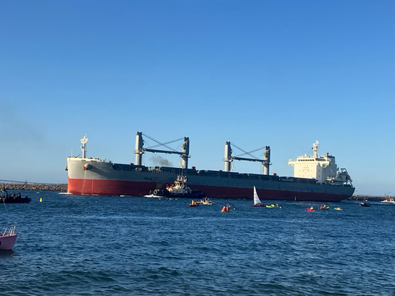 Massive tanker entering Newcastle harbour, guided by tugs, escorted by several police boats, and “greeted” by lots of us in kayaks That’s me in the red kayak, below the white turret of the ship