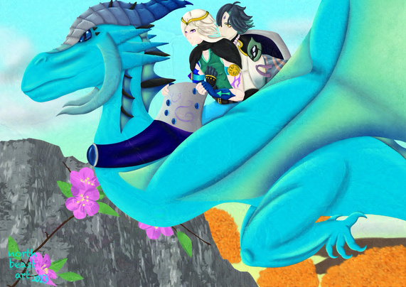 A digital airbrush painting of Xiao from Genshin Impact sitting on the back of a blue dragon in flight while holding on to a white haired individual. The individual is holding on to a metal piece to a saddle with sapphires on it. A mountain with an orange leaved tree and some flowers are in the background.