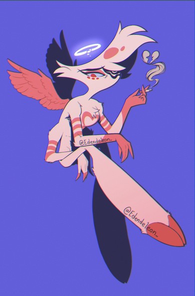 Digital illustration in color of a melancholic Angel Dust sitting, holding a cigar in one of his right arms; with smoke in the form of a broken heart emanating from it. Two small, red angel wings sprout from his back and a white, broken halo sits on top of his head. The character is colored in reds and pinks; the line work has a deep-blue tint; and the background is higher , more saturated shade of blue