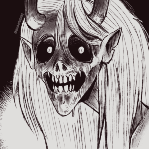 Belos in his monster form staring directly at the viewer, drawn in the style of the manga artist Junji Ito to the best of my ability. He is very drippy and goopy and almost muddy. He is lit from beneath.