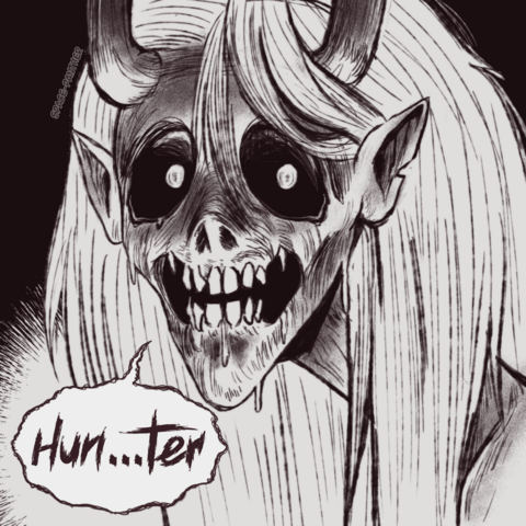 Belos in his monster form staring directly at the viewer, drawn in the style of the manga artist Junji Ito to the best of my ability. He is very drippy and goopy and almost muddy. He is lit from beneath. This version has a text bubble that says "Hun...ter" as if he is struggling to speak.
