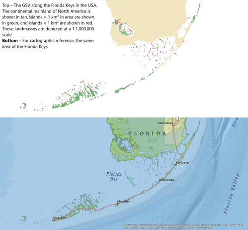 maps - Top – The GSV along the Florida keys in the United States. The continental mainland of North America is shown in tan, islands > 1 km2 in area are shown in green, and islands < 1 km2 are shown in red. These landmasses are depicted at a 1:1,000,000 scale. Bottom – For cartographic reference, the same area of the Florida Keys