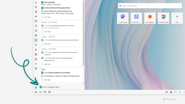 Vivaldi's Task Panel with some open tasks and many completed tasks. An arrow is pointing at the checkbox to toggle the visibility of completed tasks.