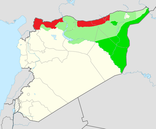 SDF-controlled territory (green, north-est of Syria) and Turkish-controlled territory (red, south of Turkey) in October 2019.

Manbij is in green, west of the river Euphrates.