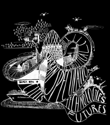 Black and white drawing of a skyscraper-like building that has typo-tentacles with the conference's name "Urban Speculations: Cities, Technologies, Futures" growinh out of it. It is surrounded by flying drones. On the upper left side, there is a little scene of surveillance cameras surrounded by Dollar-, Euro-, and WiFi-signs. In the middle of the arms is a skyline and on the bottom left a container ship titled "automation" bathing in a sea of letters that resemble an oil pond.

Design by myself!