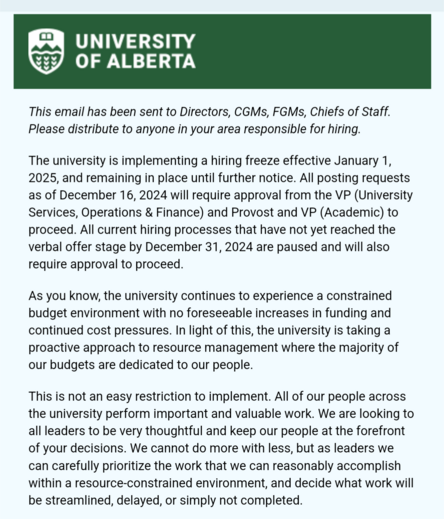 Screenshot of a memo from University of Alberta outlining the hiring freeze.
