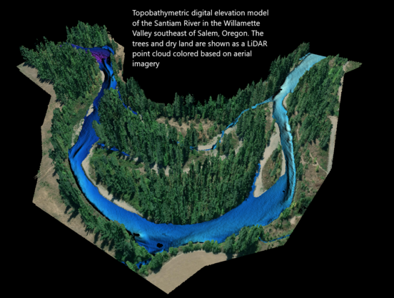 imagery - Topobathymetric digital elevation model of the Santiam River in the Willamette Valley southeast of Salem, Oregon. The trees and dry land are shown as a lidar point cloud colored based on aerial imagery.