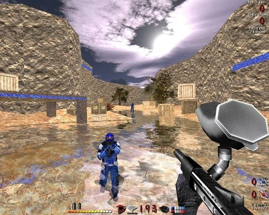 🕶️ An FPS view of a game in progress, in which the player is facing another player in a blue suit - also half-submerged in a basin.

📚️ Digital Paint: Paintball 2 is a libre, multi-platform Paintball game, with online multiplayer (optional AI), based on the Quake 2 engine, taking the strategy, timing and teamwork essential to Paintball and transposing it to a fast-paced online universe. Its limited-range projectiles require intense movement. A single shot is all it takes to eliminate your opponent, but its fast-paced movements allow for rapid evasion, crazy jumps and dizzying speeds.