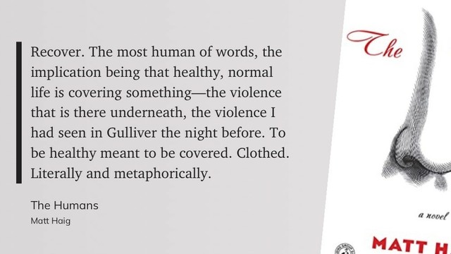 The image features a quote discussing themes of recovery and the human condition, accompanied by the cover of the book "The Humans" by Matt Haig. The quote reflects on the idea of health masking deeper issues, using metaphorical language.