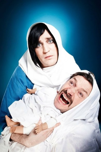 Noel Fielding dressed as Mary, holding Julian Barratt's head photoshopped into a screaming baby jesus