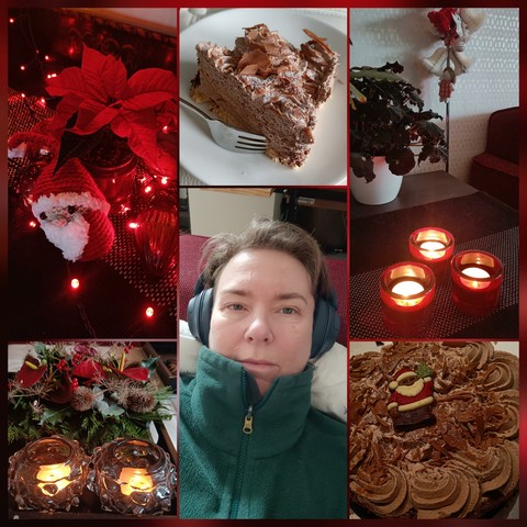 Compilation of 6 pictures: 2 of chocolate mousse pie with chocolate Santa. 2 of burning candles and Christmas decorations. 1 close up of christmas decoration with a crocheted Santa and tiny red lights. 1 selfie, me pale blonde female with headphones (playing YogaNidra) lying on couch