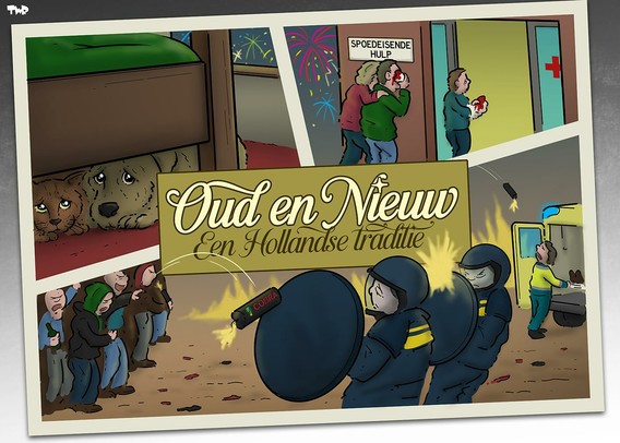 Cartoon van een ansichtkaart met de tekst ‘Oud en Nieuw - Een Hollandse traditie’. De kaart is in drie vakken verdeeld. In het eerste vak liggen een hond en een poes bang onder een bed terwijl buiten vuurwerk wordt afgestoken, in het tweede vak loopt iemand met een lap waarop bloed the zien is om zijn hand gewikkeld de spoedeisende hulp binnen, gevolgd door iemand met een met bloed doordrenkte lap voor zijn oog. In het derde vak gooien jongeren zwaar vuurwerk naar de politie en naar een hulpverlener die een slachtoffer in de ambulance schuift.