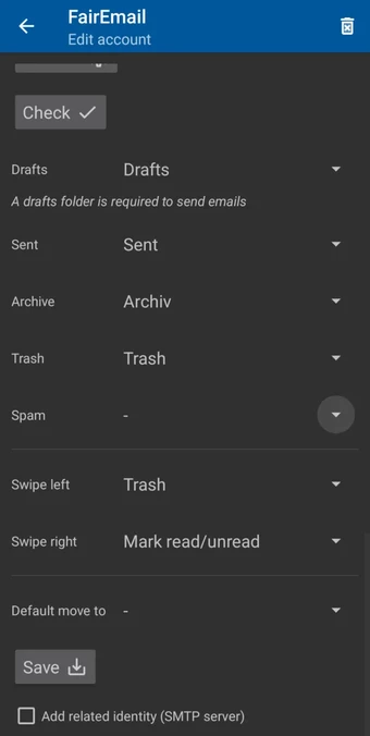 Screenshot of the mail client FairMail with the account settings