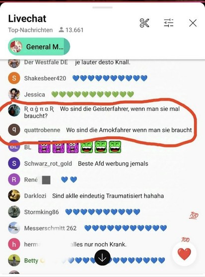 Es ist ein Screenshot aus dem Livechat des Streams von Weichreite. Zwei der Nachrichten wurden von mir markiert. Die eine Nachricht lautet "Wo sind die Geisterfahrer, wenn man sie mal braucht?", die zweite Nachricht, direkt unten drunter lautet "Wo sind die Atomfahrer wenn man sie braucht".