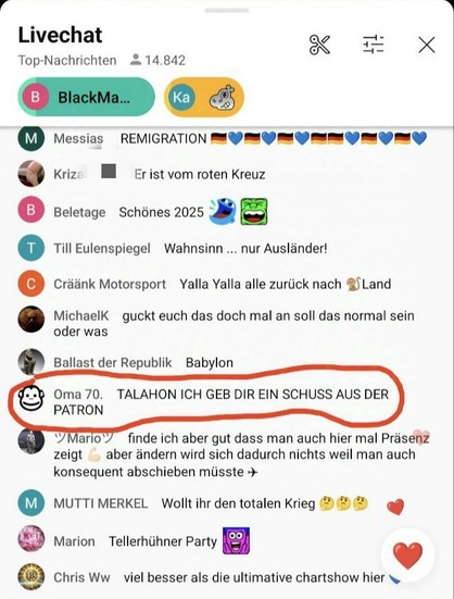 Beim nächsten Screenshot aus dem Livechat des Weichreite-Streams ist folgende Nachricht von mir markiert worden "Talahon ich geb dir ein Schuss aus der Patron".