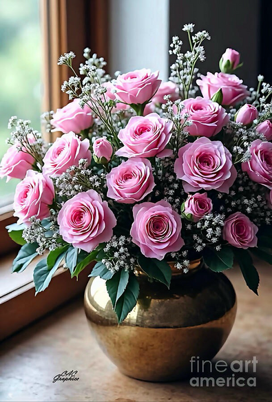 Pink Roses In Brass Vase