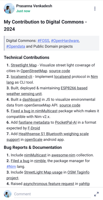 List of technical contributions with Bug reports and documentations