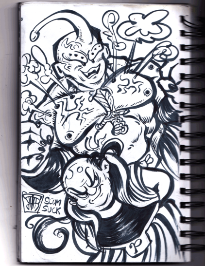 A drawing of Brock Lesnar as Majin Buu (the non-kid, non-fat version) steaming, with Paul Heyman as Babidi pullin' an evil face under him.