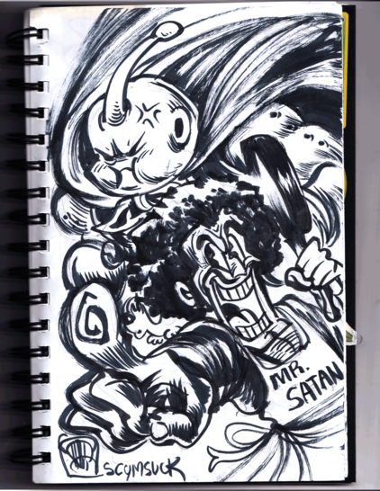 Drawing of Fat Buu lookin' angry, while Mr. Hercules points triumphantly wearing a apron and  holding a frying pan.  There is a very small dog (Bee) inbetween Buu and Satan.