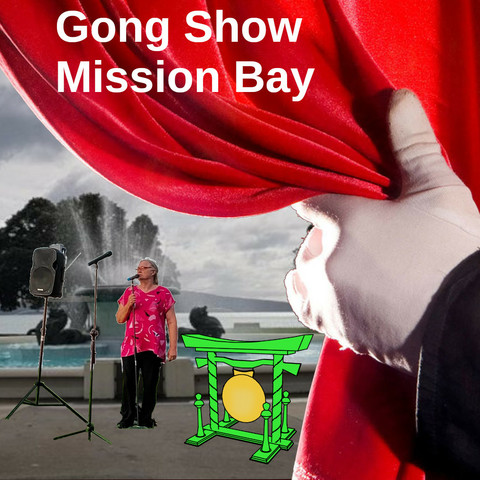 A gloved hand pulls back a theatre curtain to reveal Julia standing in front of the Mission Bay fountain talking into a microphone. A cartoon of a large Asian gong is also revealed.
