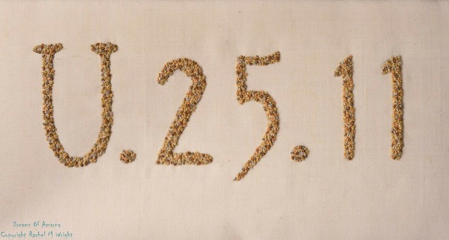 Embroidery, all in French knots, of the grid reference for the Dig House, where Mary and her colleagues lived. It was built up on the foundations of a house of Akhenaten's time.