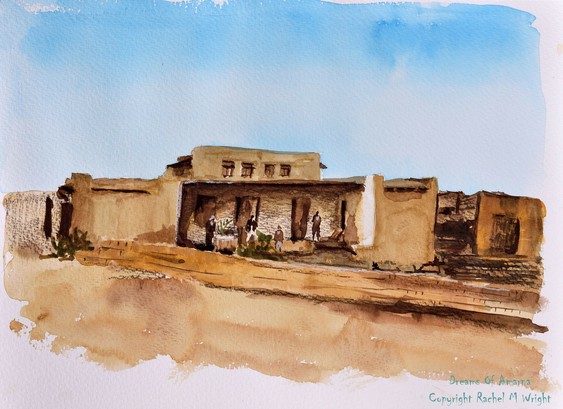 Watercolour of a view of the dig house, made using a photograph from the Egypt Exploration Society. I don't think it's very accurate!
