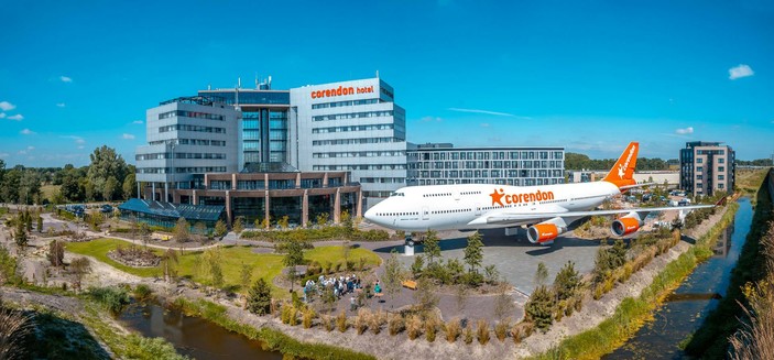 The Corendon Hotel near Schiphol Airport, complete with a Boeing 747 outside.