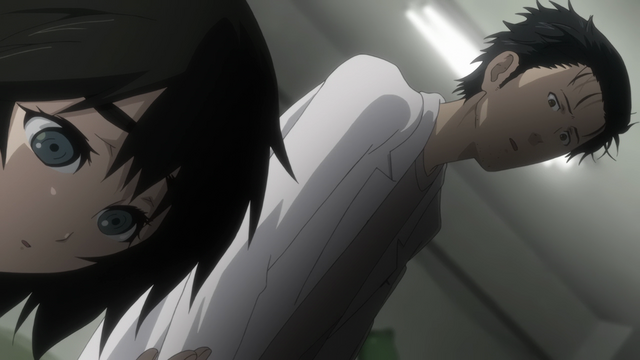 A man (Rintarou) with a nervous expression on his face while a girl beside him (Mayuri) looks down at her pocket watch.