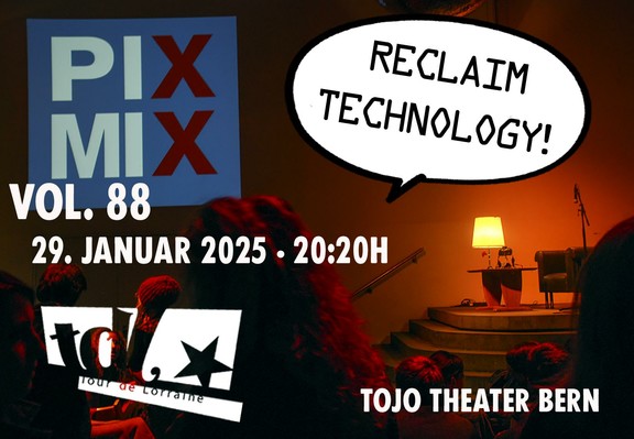 PIXMIX Visual - eine gemütliche Bühne, Publikum, Thema Reclaim Technology, Logos von Tour de Lorraine und PIXMIX sowie Daten aus dem Post.
