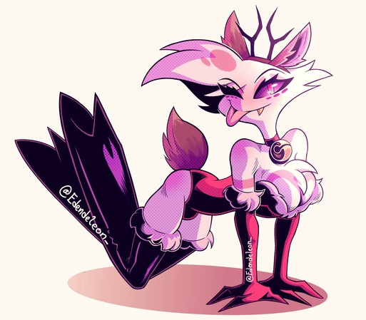 My interpretation of a Draw This in Your Style dynamic by Tia (@silentzound). Digital, color illustration of Angel Dust wearing Christmas-themed, sexy reindeer costume; exposing his fluffy chest as he winks at the viewer; sticking out his tongue playfully.

His costume and globes are red with puffy-white ends; revealing his thighs and the upper part of his chest. His neck is adorned with a yellow bell.  On top of his head sits a brown diadem with reindeer ears and small antlers. On his butt, a brown, fluffy tail sticks out. Dark purple, thigh-high boots finish off his costume. A cream-yellow background lays behind him.