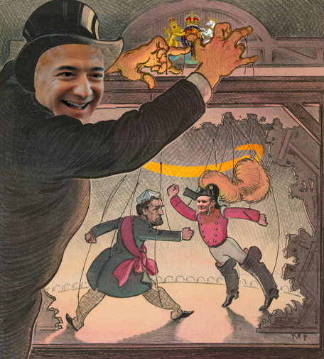 A vintage Puck cover illustration depicting a tophatted millionaire as a puppeteer, operating two marionettes, one dressed as a general, the other as a businessman. It has been altered: the puppeteer's face has been replaced with Jeff Bezos's. The general marionette's face has been replaced with Keir Starmer's. The other marionette's face has been replaced with a vintage oil pastel drawing of an outraged bricklayer in a folded paper hat. The puppet theater is surmounted by the UK royal crest.


Image:
UK Parliament/Maria Unger (modified)
https://commons.wikimedia.org/wiki/File:Keir_Starmer_2024.jpg

CC BY 3.0
https://creativecommons.org/licenses/by/3.0/deed.en

--

Steve Jurvetson (modified)
https://commons.wikimedia.org/wiki/File:Jeff_Bezos%27_iconic_laugh.jpg

CC BY 2.0
https://creativecommons.org/licenses/by/2.0/deed.en